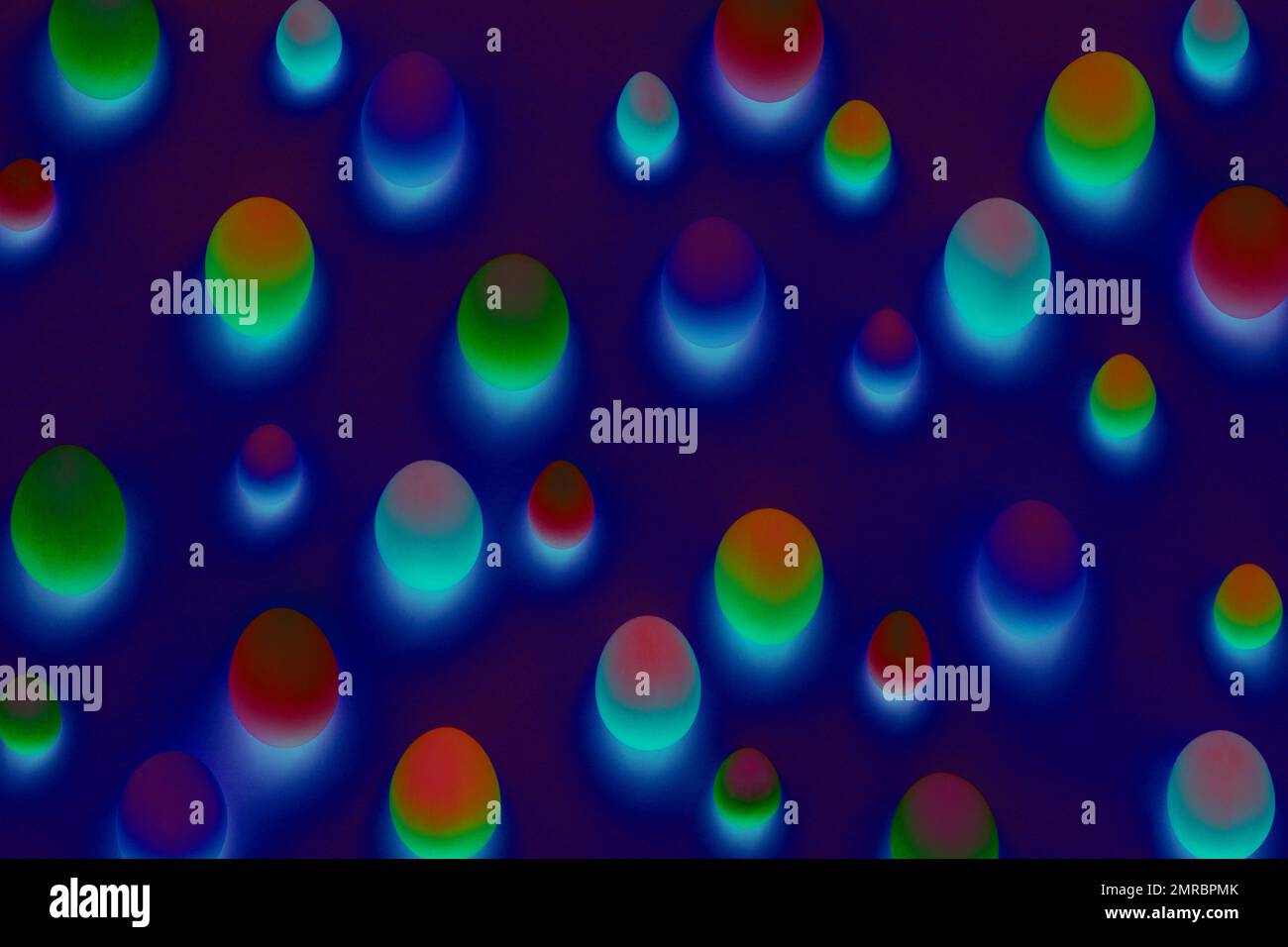 Creative pattern of neon colored Easter eggs. Cosmic or disco style background. Easter concept. Trendy holographic effect. Stock Photo