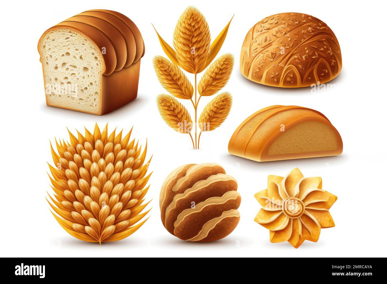 This illustration set features a variety of delicious breads from