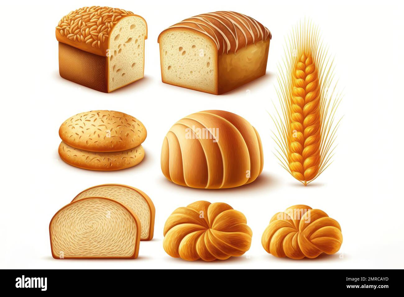 This illustration set features a variety of delicious breads from