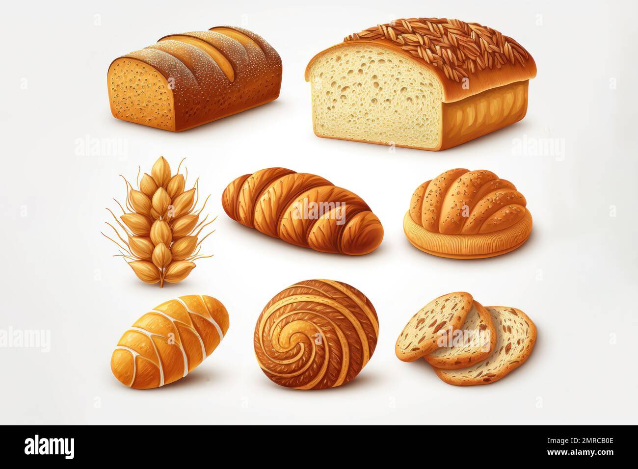 This illustration set features a variety of delicious breads from