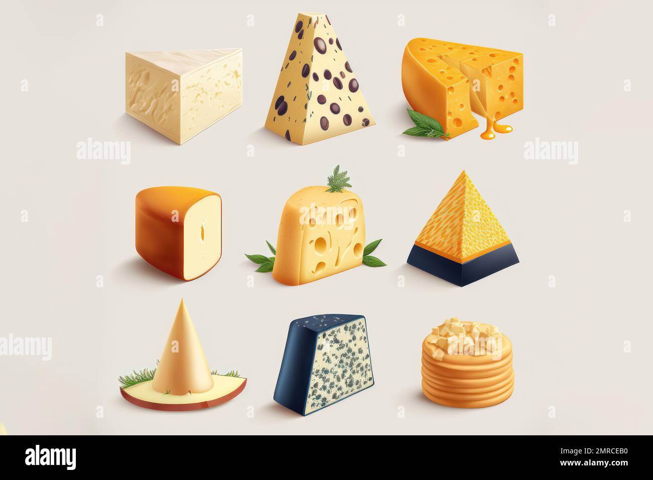 This illustration set features a variety of classic French cheeses in