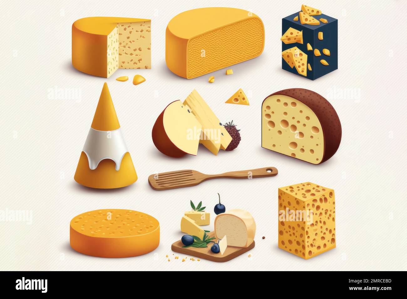 This illustration set features a variety of classic French cheeses in