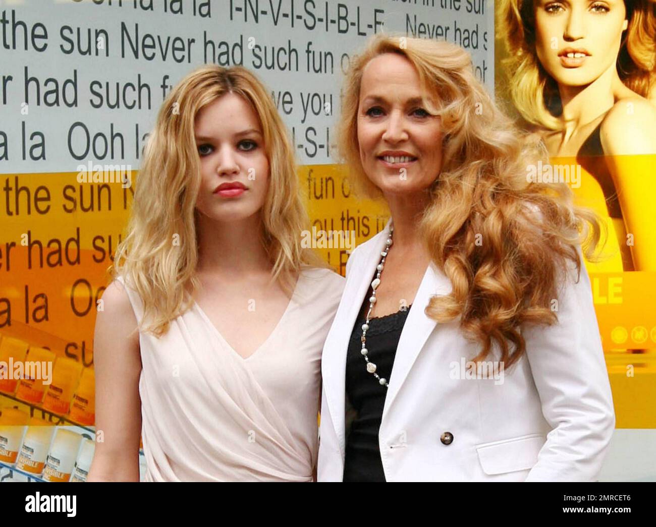 Jerry Hall, 53, American model and former long-time girlfriend to The Rolling Stones frontman Mick Jagger, and their third child Georgia May Jagger, 18, pose during a photo call at Selfridges department store for the launch of Invisible Zinc range of sun care and hybrid cosmetic-sunscreen products. London, UK. 05/27/10. Stock Photo