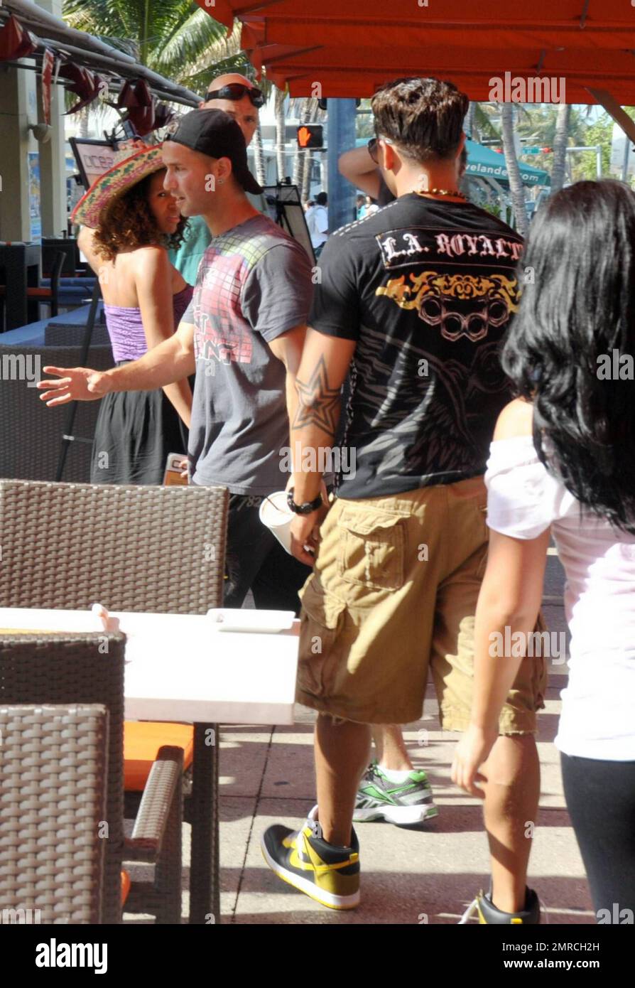 Mike 'The Situation' Sorrentino, DJ Pauly D and Angelina 'Jolie' celebrate Cinco de Mayo at a local restaurant while they film an episode of thier hit reality series, MTV's 'Jersey Shore,' in Miami Beach, FL. 5/5/10. Stock Photo