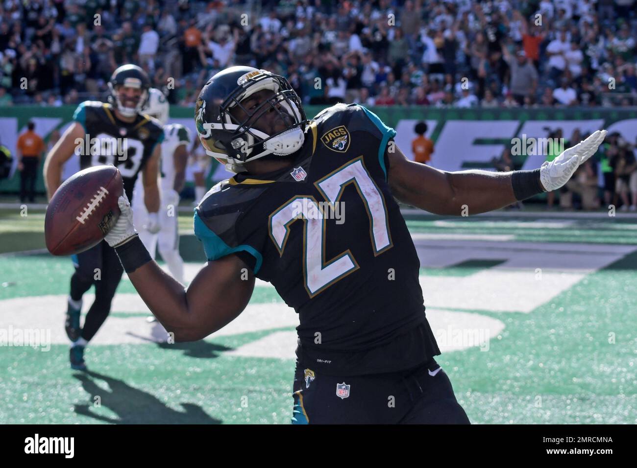 Jacksonville Jaguars' Leonard Fournette throws the ball into the