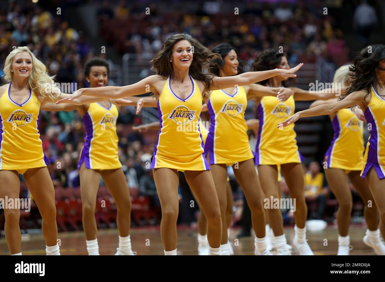 Los Angeles Lakers girls cheerleaders perform during the game against the  Golden State Warriors at Crypto.com Arena.