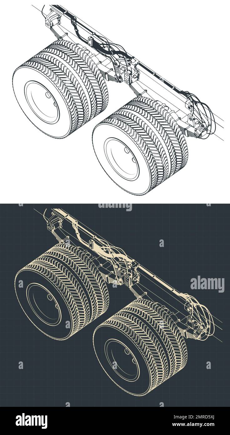 Stylized vector illustrations of isometric blueprints of tandem truck axle suspension Stock Vector