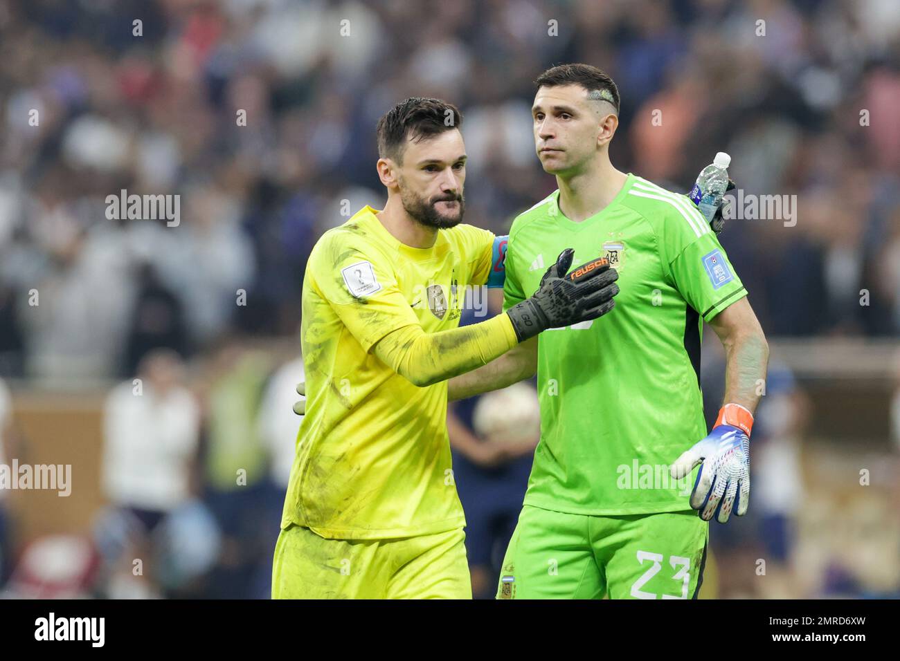 Hugo Lloris (France), Emiliano Martinez (Argentina) are seen during the FIFA World Cup Qatar 2022 Final match between Argentina and France at Lusail Stadium. Final score: Argentina 3:3 (penalty 4:2) France. Stock Photo