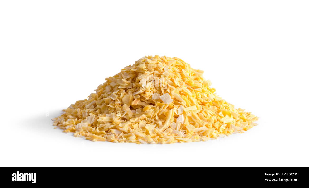Heap of Dry Onion Flakes Cut Out on White. Stock Photo