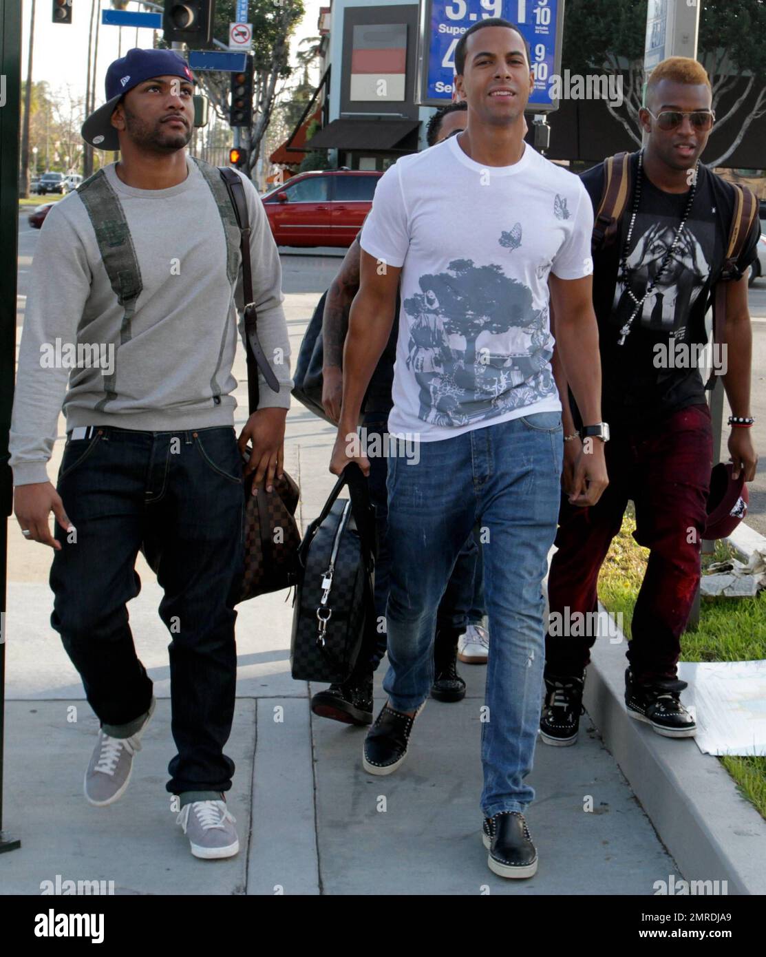 EXCLUSIVE!! A day after their arrival in Los Angeles the JLS boys left  their hotel in matching Mustang muscle cars driven by themselves. They were  all smiles as they took a stroll