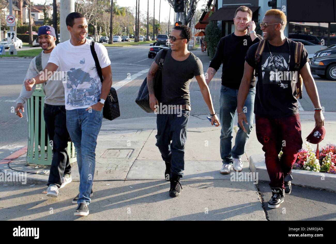 EXCLUSIVE!! A day after their arrival in Los Angeles the JLS boys left  their hotel in matching Mustang muscle cars driven by themselves. They were  all smiles as they took a stroll