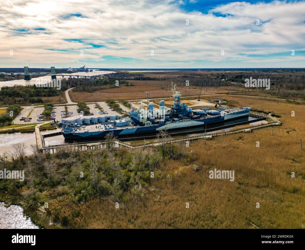 A drone view of the USS North Carolina Battleship Memorial under the ...