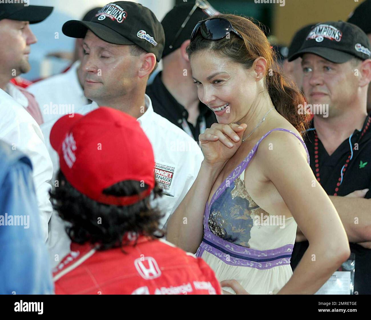 Actress Ashley Judd and husband Dario Franchitti celebrate his win of the Firestone Indy 300 at