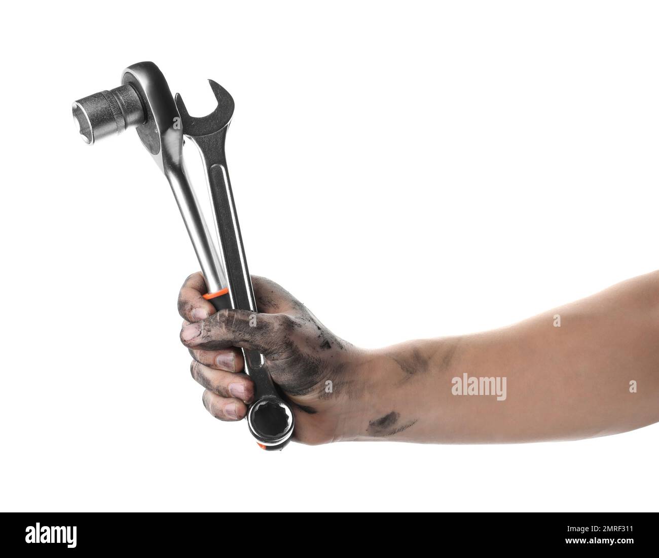 Auto mechanic holding different wrenches isolated on white, closeup