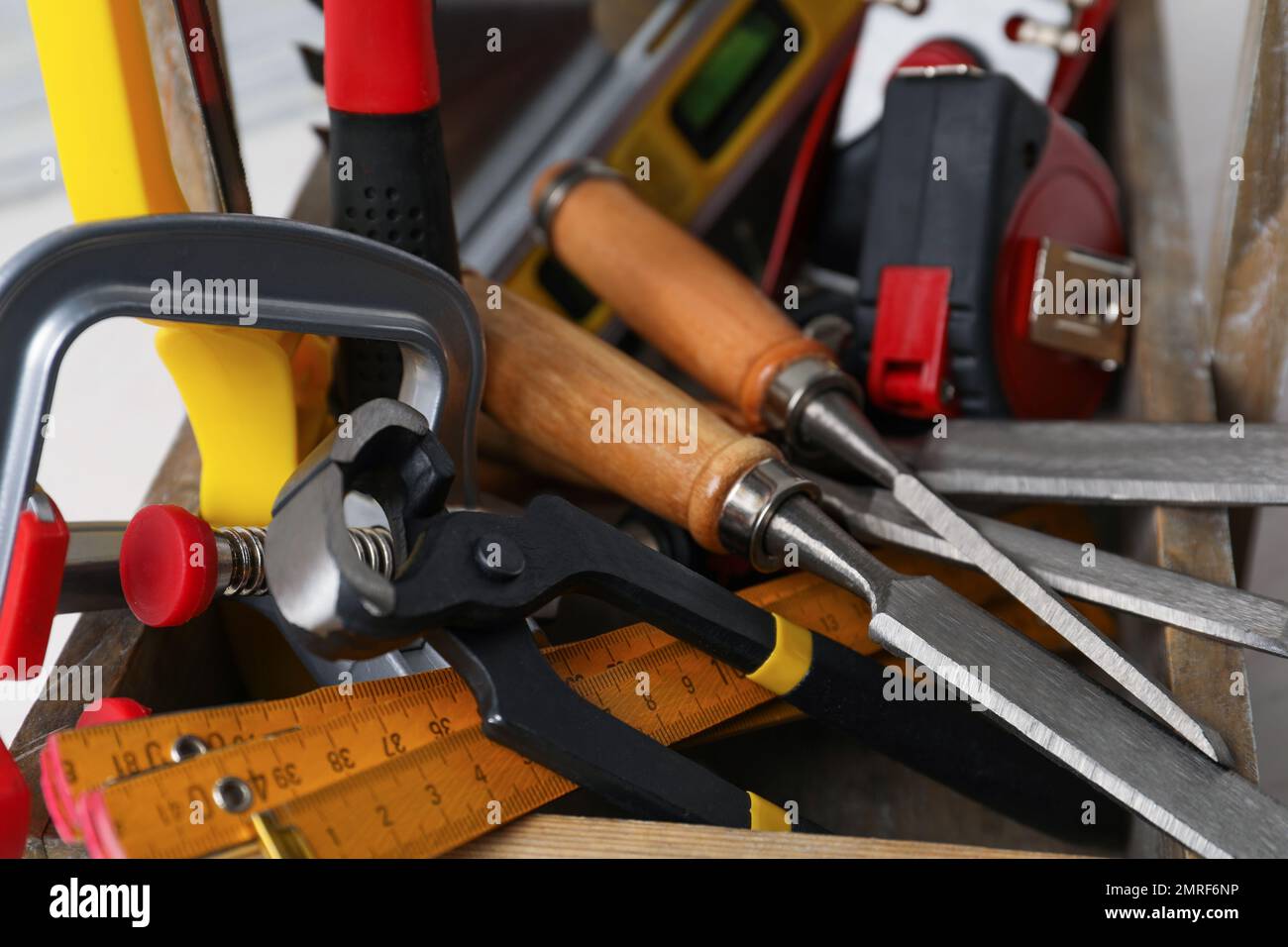 Set of different carpenter's tools, closeup view Stock Photo