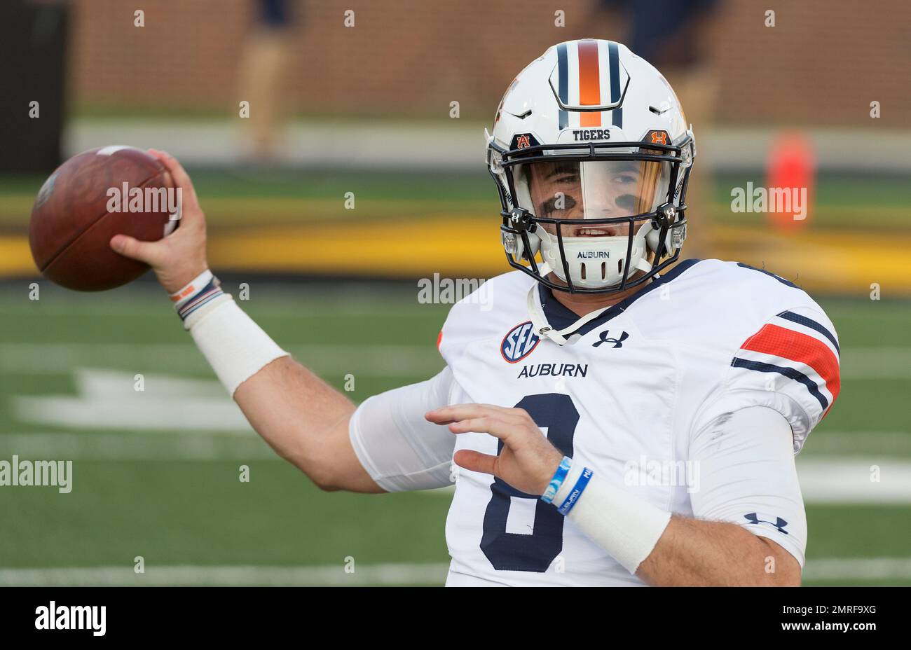In this Sept. 8, 2018 photo Auburn quarterback Jarrett Stidham (8) warms up  before an NCAA college football game against Alabama State in Auburn, Ala.  The stage is set for another thriller