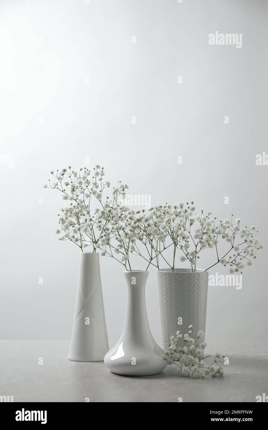 Gypsophila flowers in vases on table against white background Stock ...