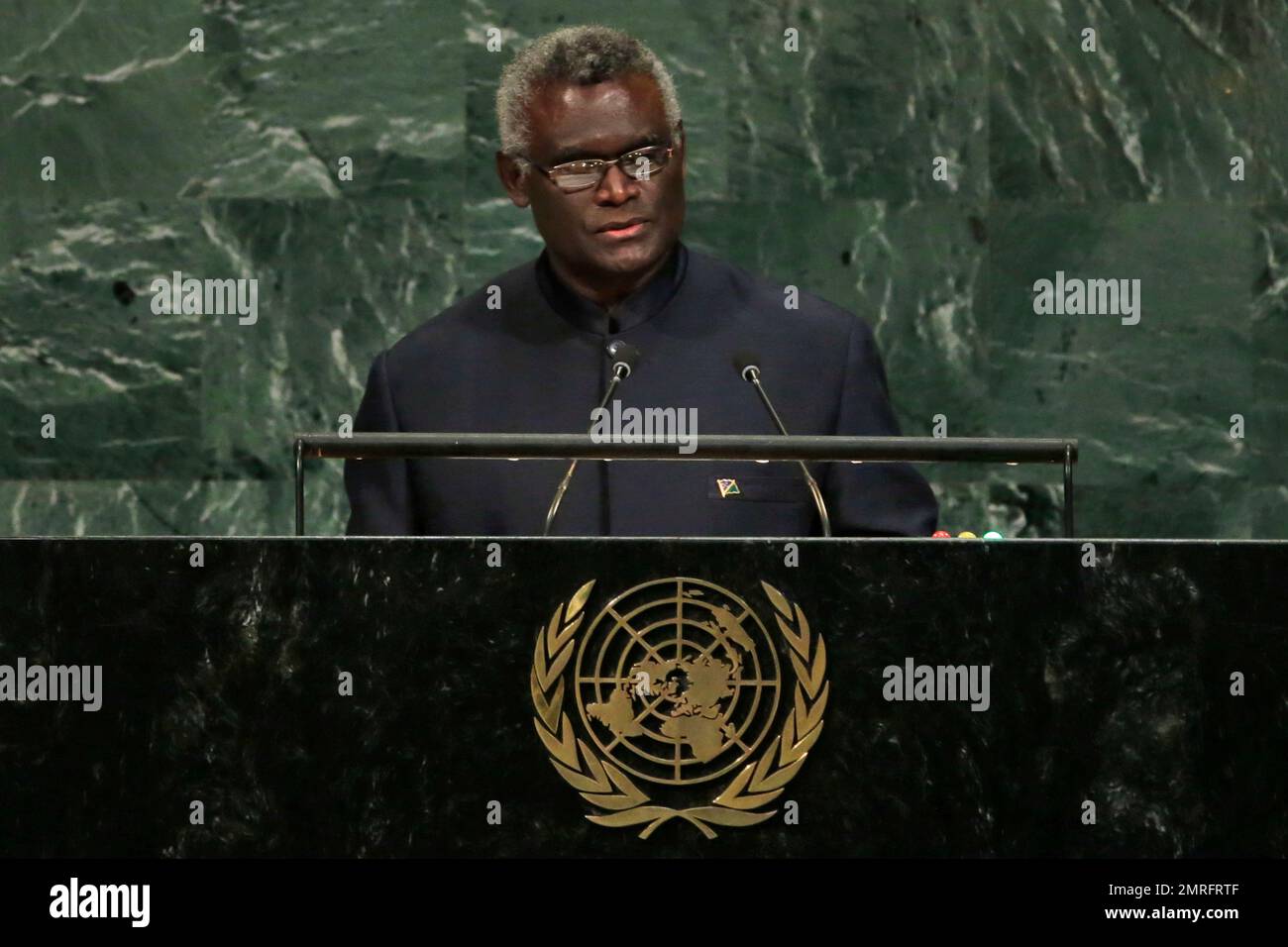 Prime Minister Manasseh Sogavare of Solomon Islands addresses the United Nations General Assembly, at U.N. headquarters, Friday, Sept. 22, 2017. (AP Photo/Richard Drew) Stock Photo