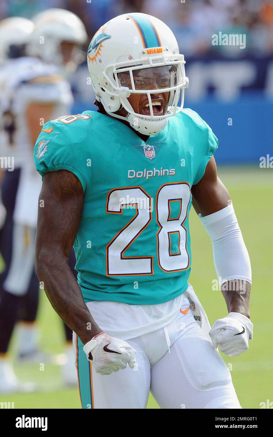 Miami Dolphins cornerback (28) Bobby McCain reacts on the field in