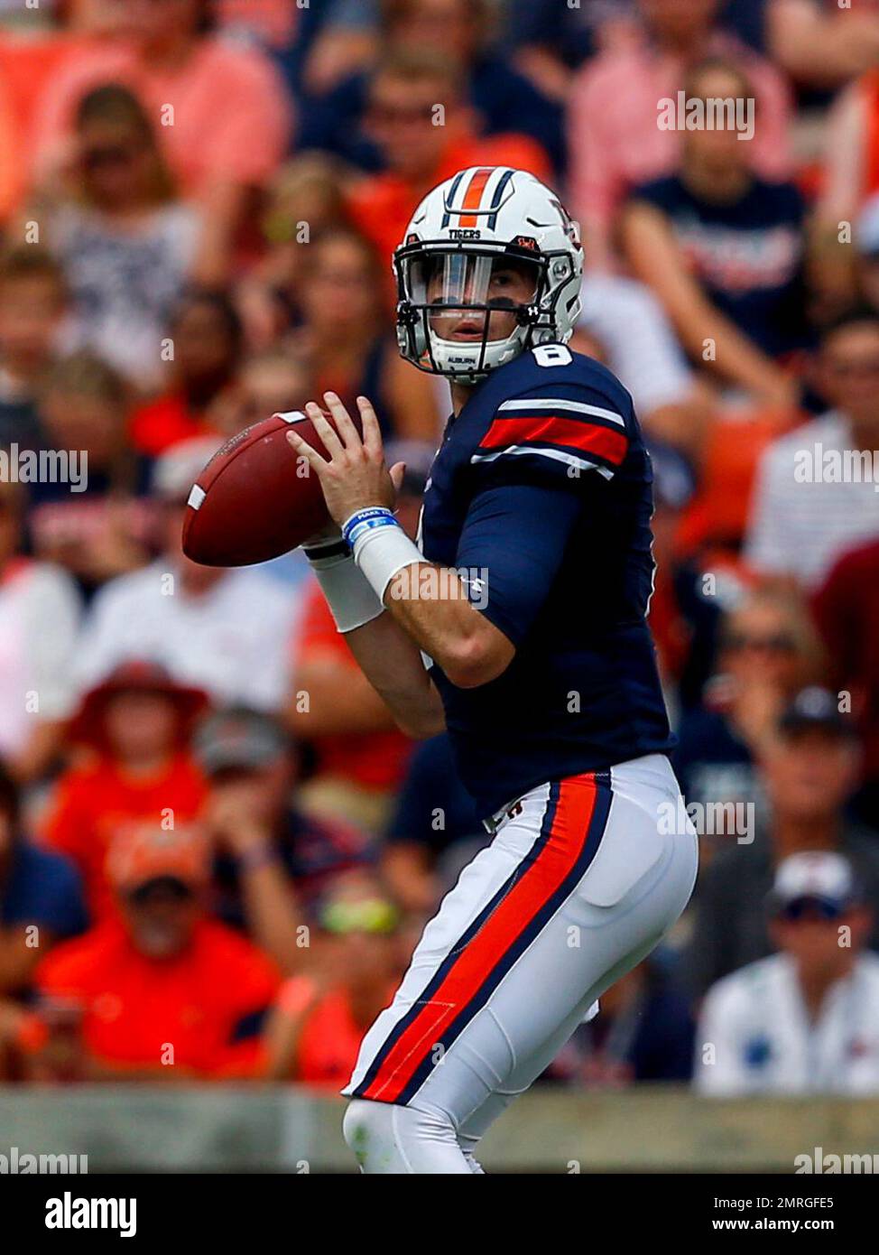 In this Sept. 8, 2018 photo Auburn quarterback Jarrett Stidham (8) warms up  before an NCAA college football game against Alabama State in Auburn, Ala.  The stage is set for another thriller