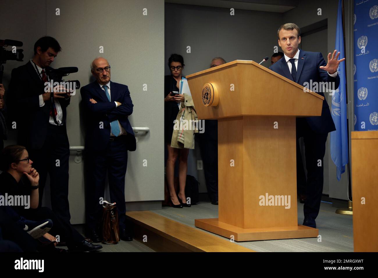 French President Emmanuel Macron Speaks To Reporters During A News