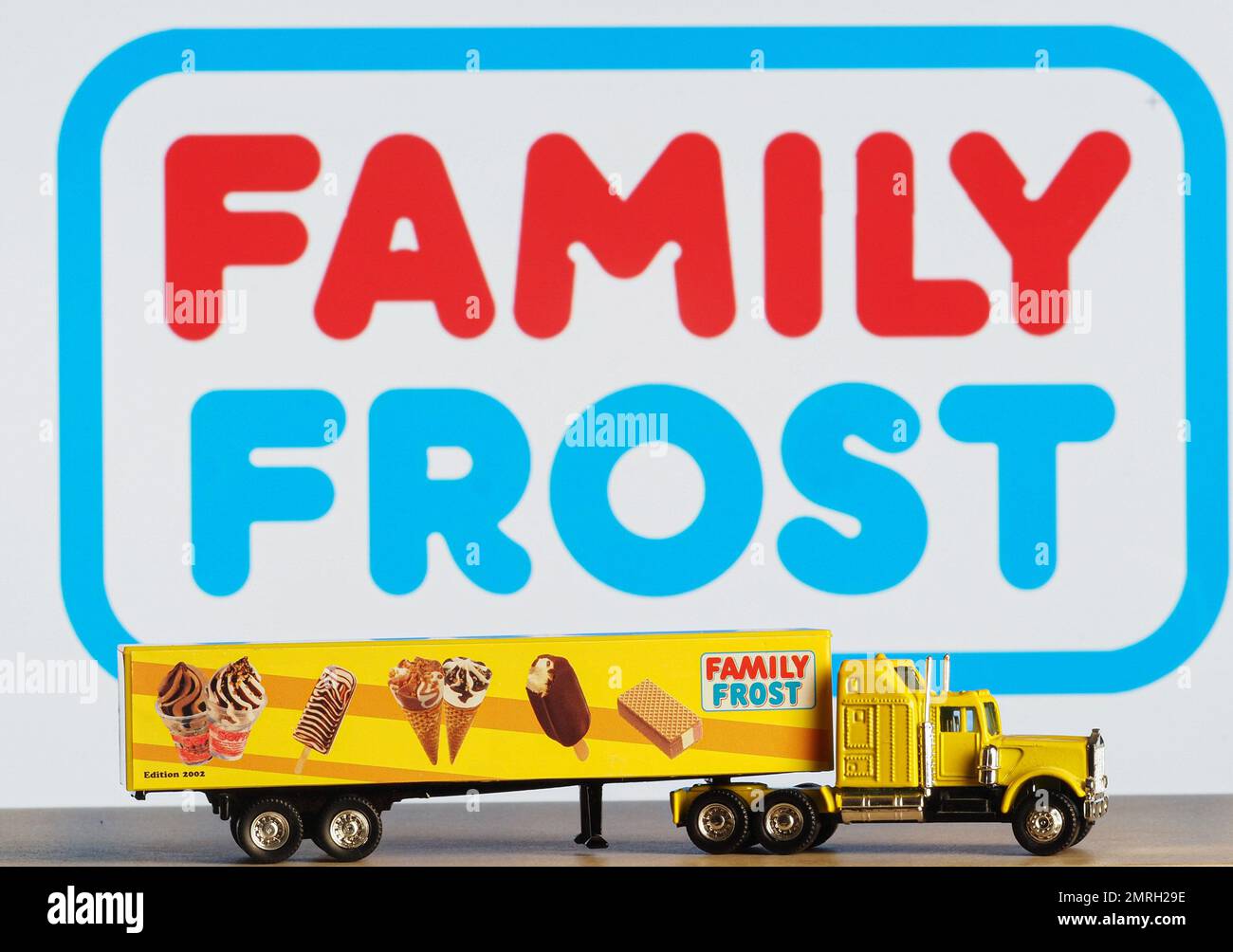 In this photo illustration, a model of a truck with the inscription Family Frost on the background of the company logo on the monitor screen.  Family Frost is a chain of mobile stores selling frozen food. The company operates in Germany, Portugal, Spain, Poland, Slovenia, Hungary and the Czech Republic. (Photo by Igor Golovniov / SOPA Images/Sipa USA) Stock Photo