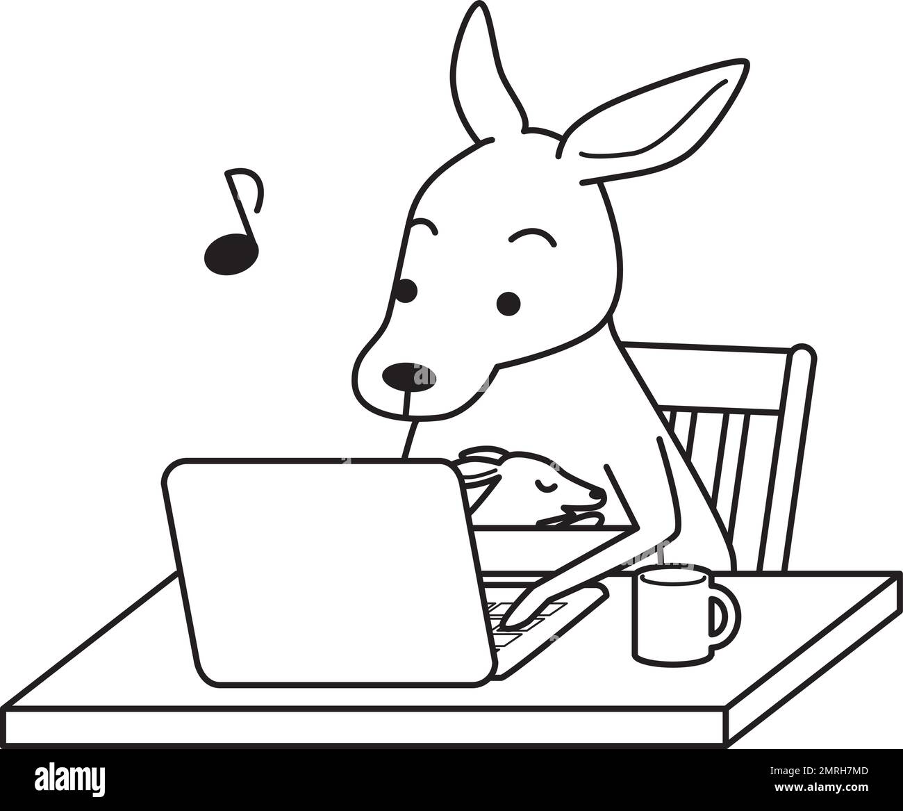 Kangaroo raising a child looking at a computer. Black and white line drawing. Humorous animal illustrations. Stock Vector
