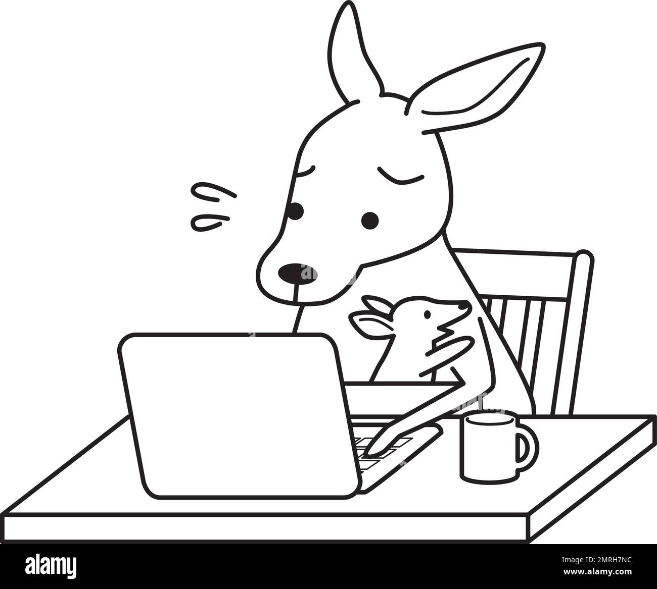 Kangaroos raising children working from home. Black and white line drawing. Humorous animal illustrations. Stock Vector