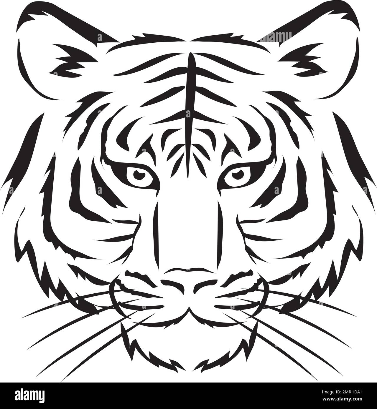 Vector illustration of a tiger's face facing forward. Black and white ...