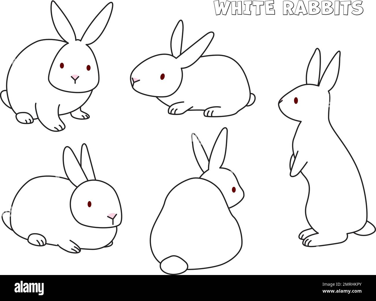 A white rabbit takes five different poses. New Year's card material for the zodiac year of the rabbit. Stock Vector