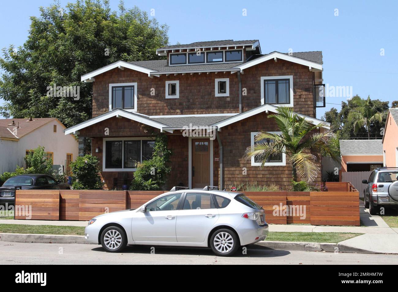 GVs of Kellan Lutz's Venice, CA home. The Contemporary Craftsman home includes 4 bedrooms and 4 bathrooms in its 2,400 square feet. Features include a chef's kitchen with double oven, Viking range, large Subzero, granite counters and mahogany cabinetry along with a living room, dining room, open see-through fireplace, walls of open glass that open to a private backyard with waterfall and Koi pond and a master bedroom with fireplace, walk-in closet, double shower and soaking tub. Other amenities include a rooftop deck with fire pit and a separate office/home theater with custom maple cabinets a Stock Photo