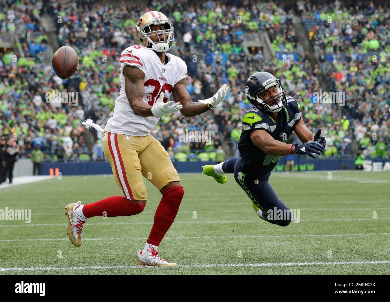 San Francisco 49ers cornerback Dontae Johnson, left, and Seattle