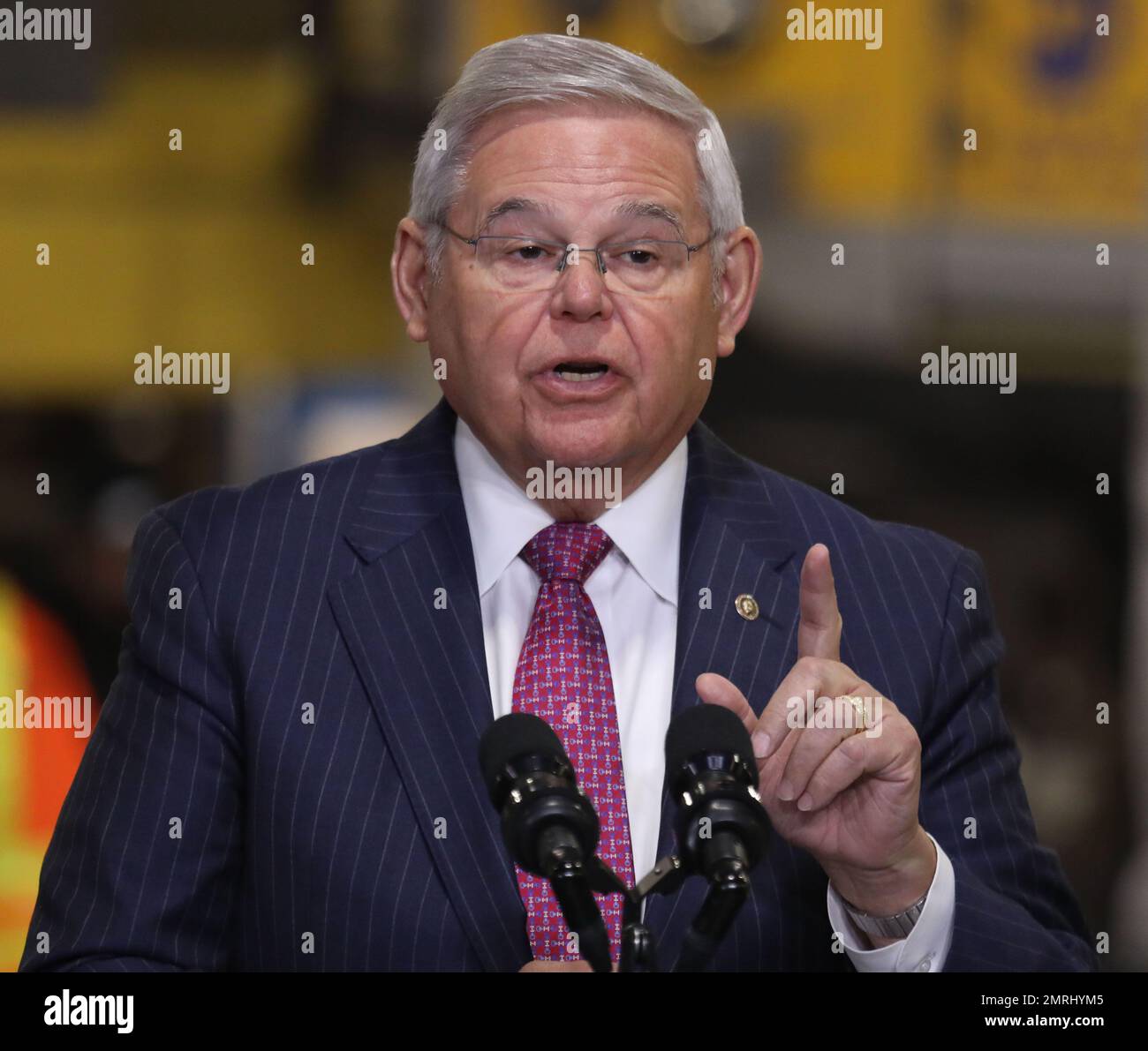 January 31, 2023, New York City, New York, USA: Senator BOB MENENDEZ attends President Joe Biden's announcement of the nearly $300 million grant for the ""˜Hudson River Tunnel Project' Gateway Program which will build a new rail tunnel under the Hudson, and repairs on existing tunnel, held at the Manhattan rail yard. (Credit Image: © Nancy Kaszerman/ZUMA Press Wire) EDITORIAL USAGE ONLY! Not for Commercial USAGE! Stock Photo