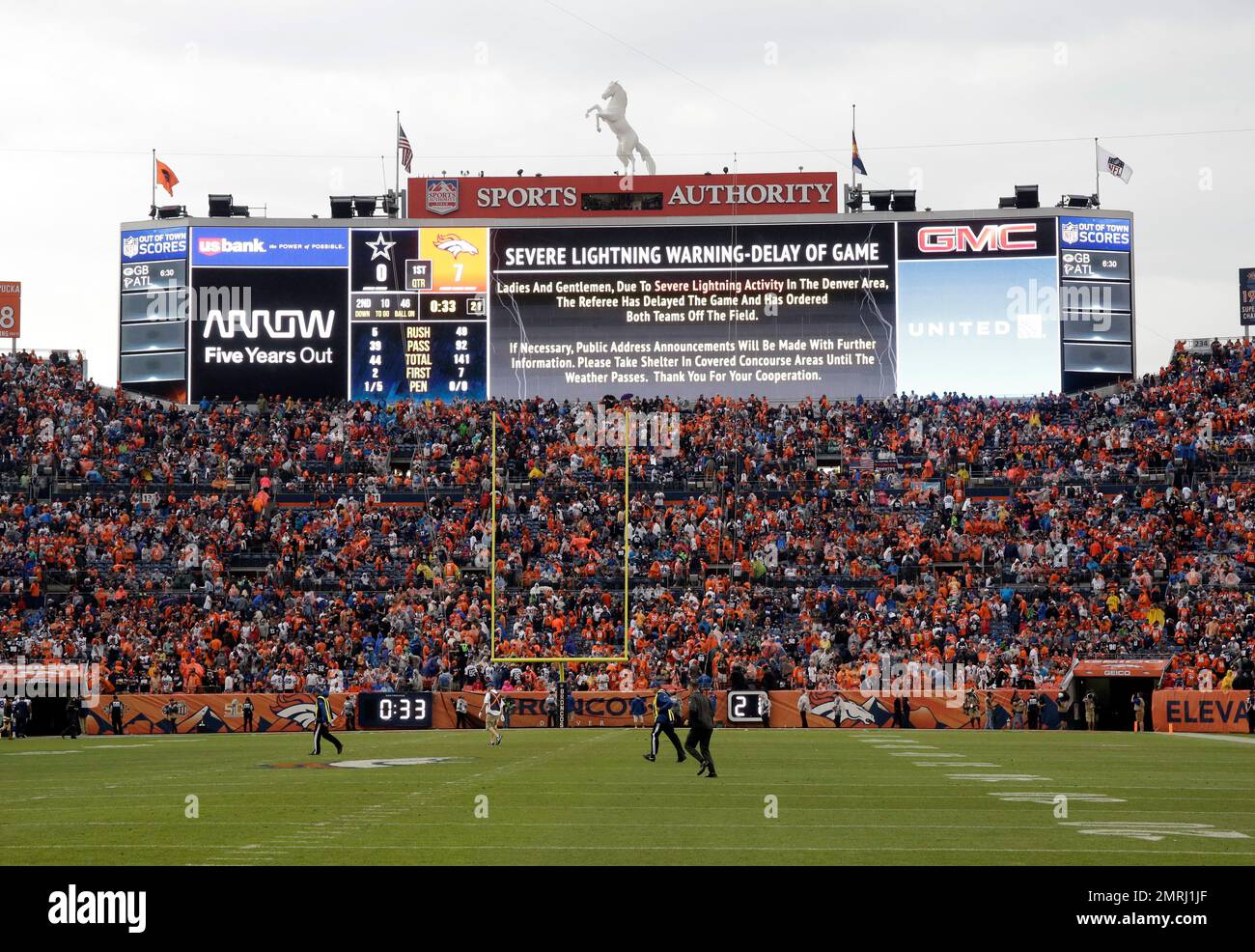 The scoreboard tells of a delay of game due to lightning at Mile High Stadium during the first
