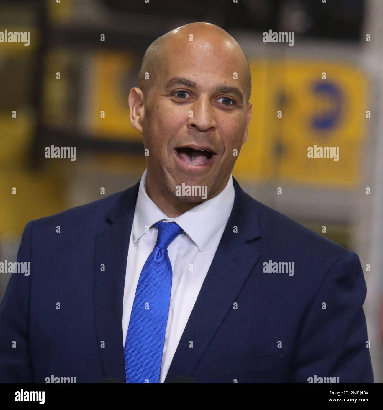 January 31, 2023, New York City, New York, USA: Senator CORY BOOKER attends President Joe Biden's announcement of the nearly $300 million grant for the ""˜Hudson River Tunnel Project' Gateway Program which will build a new rail tunnel under the Hudson, and repairs on existing tunnel, held at the Manhattan rail yard. (Credit Image: © Nancy Kaszerman/ZUMA Press Wire) EDITORIAL USAGE ONLY! Not for Commercial USAGE! Stock Photo