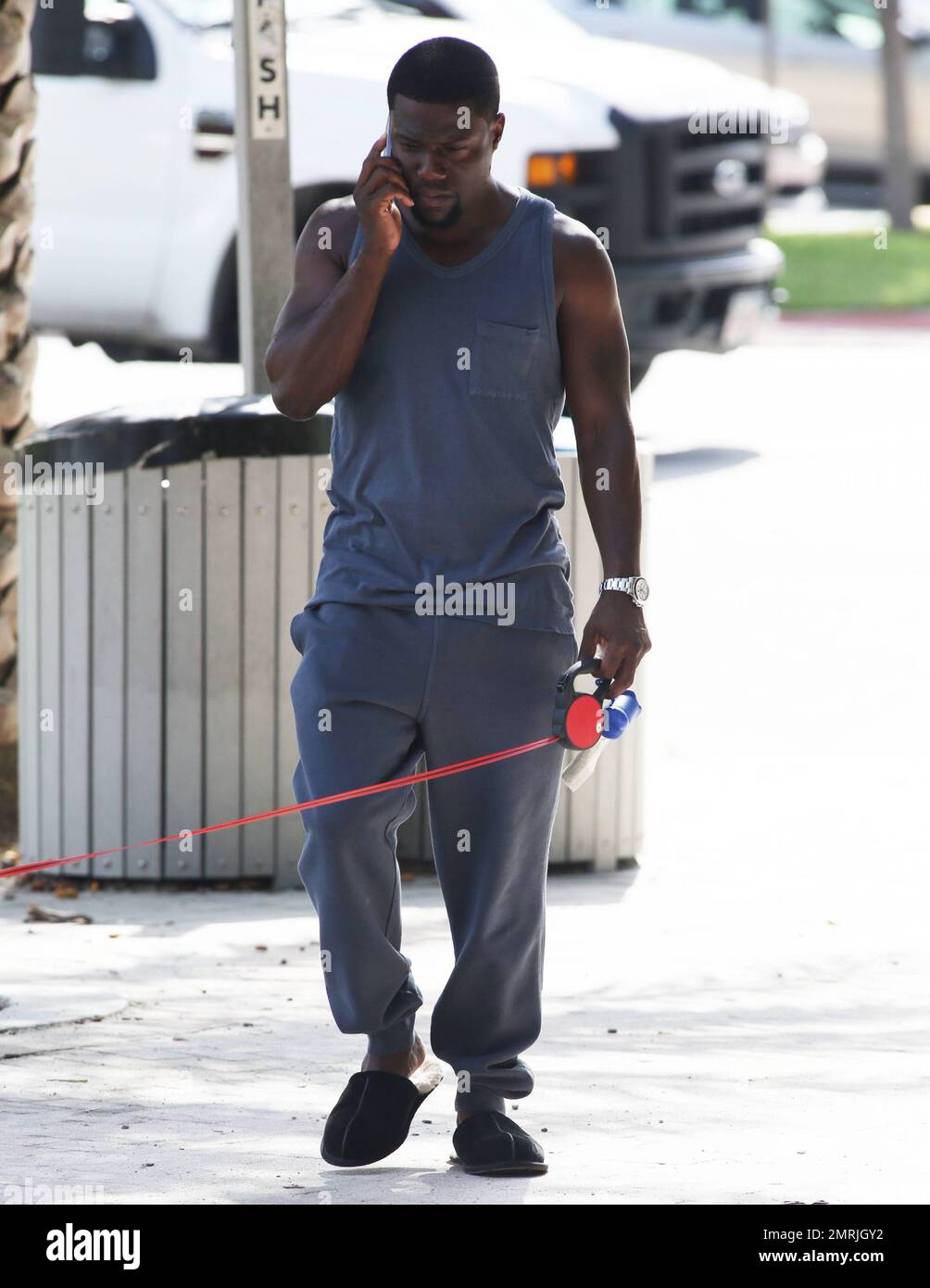 Comedic actor Kevin Hart is spotted walking his dog while conversing on his cell phone and wearing slippers paired with a grey sweat suit outside his Miami hotel. Miami, FL. July 18, 2014. Stock Photo