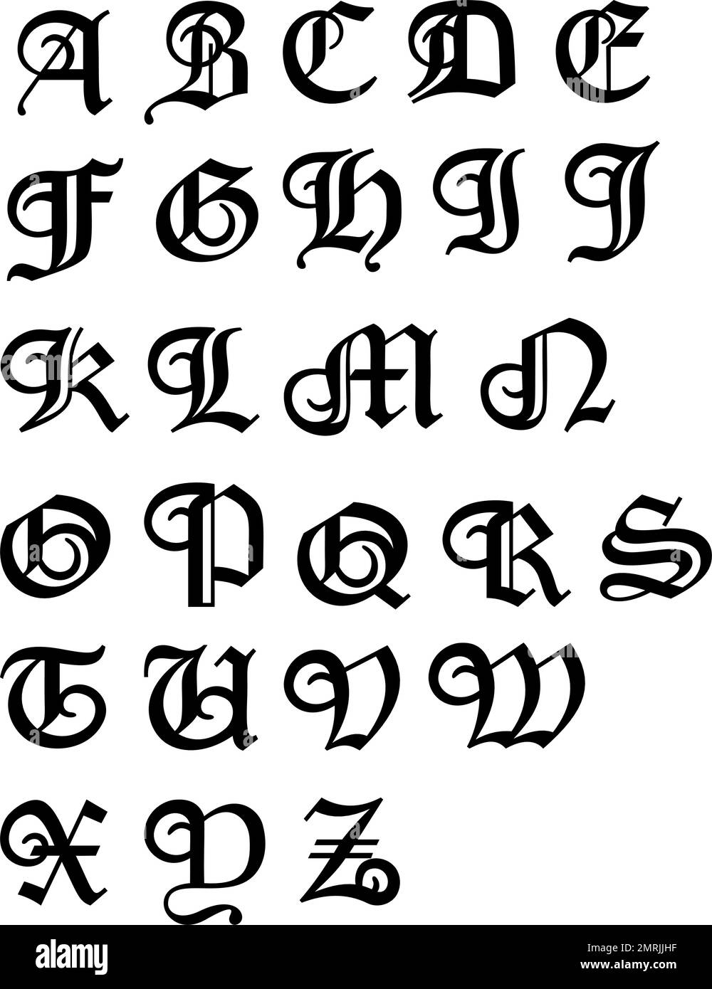 Alphabet old script vector font painting letter design ABC Stock Vector