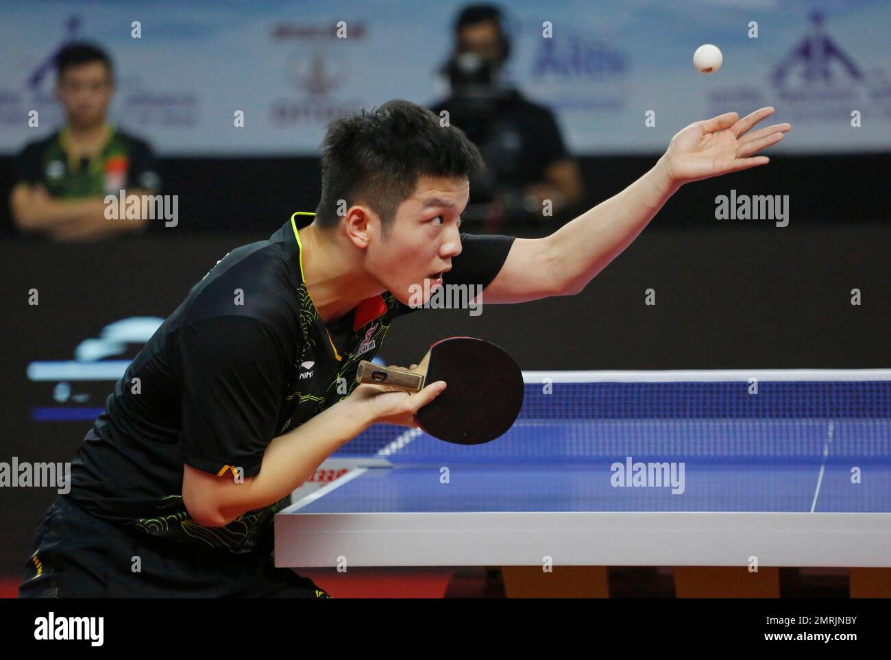 China's Fan Zhendong serves against South Korea's Lee Sangsu during