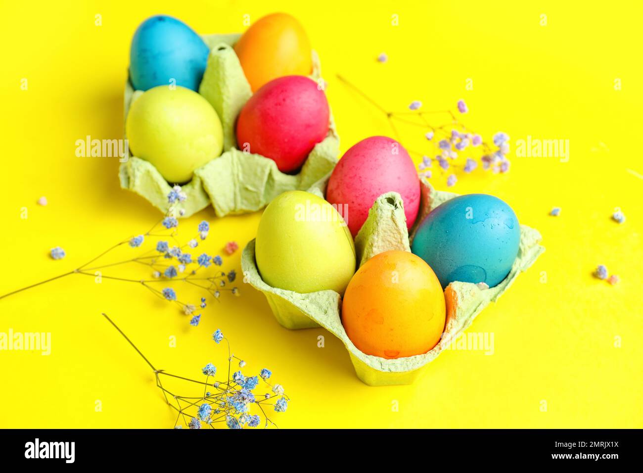 Cardboard holders with painted Easter eggs and gypsophila flowers on ...