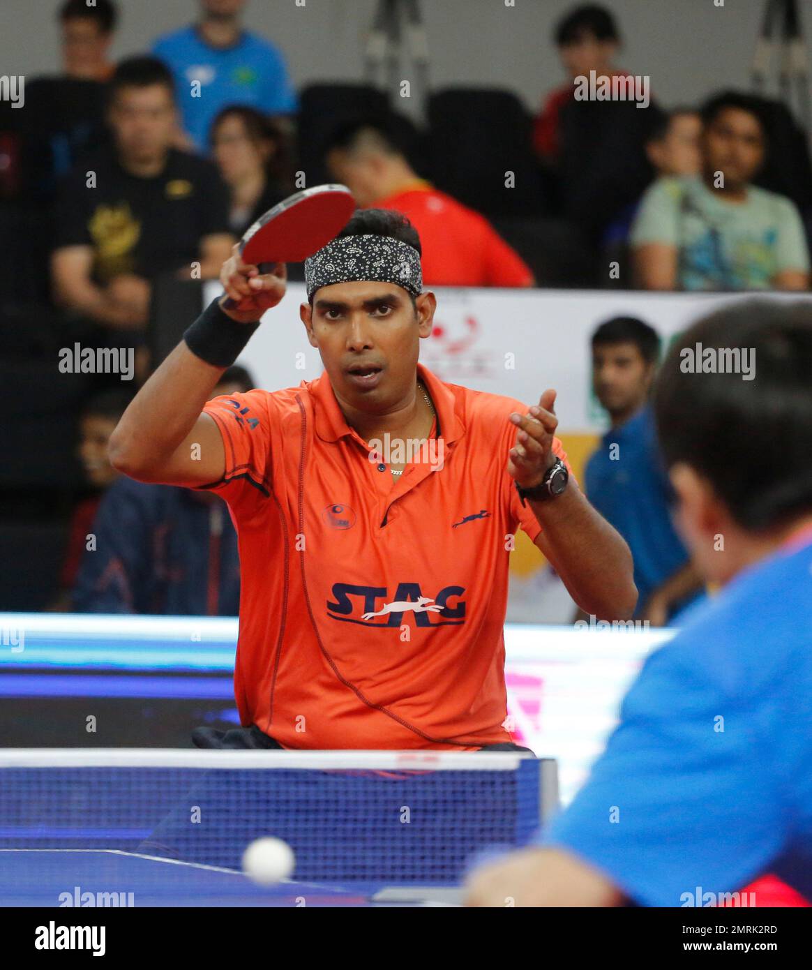 India's Achanta Sharath Kamal returns a shot from China's Lin Gaoyuan