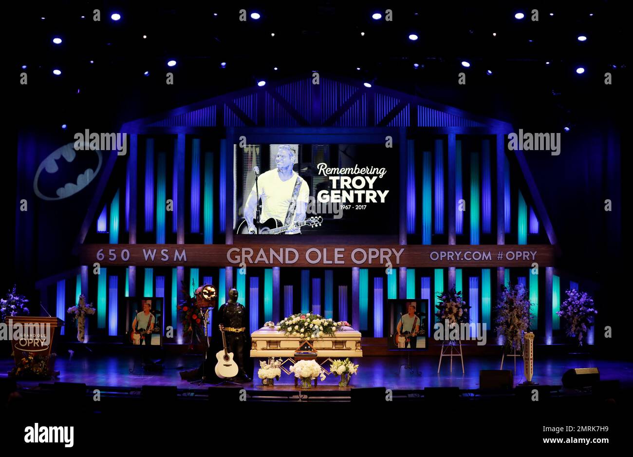 A memorial service for country music singer Troy Gentry is held at the