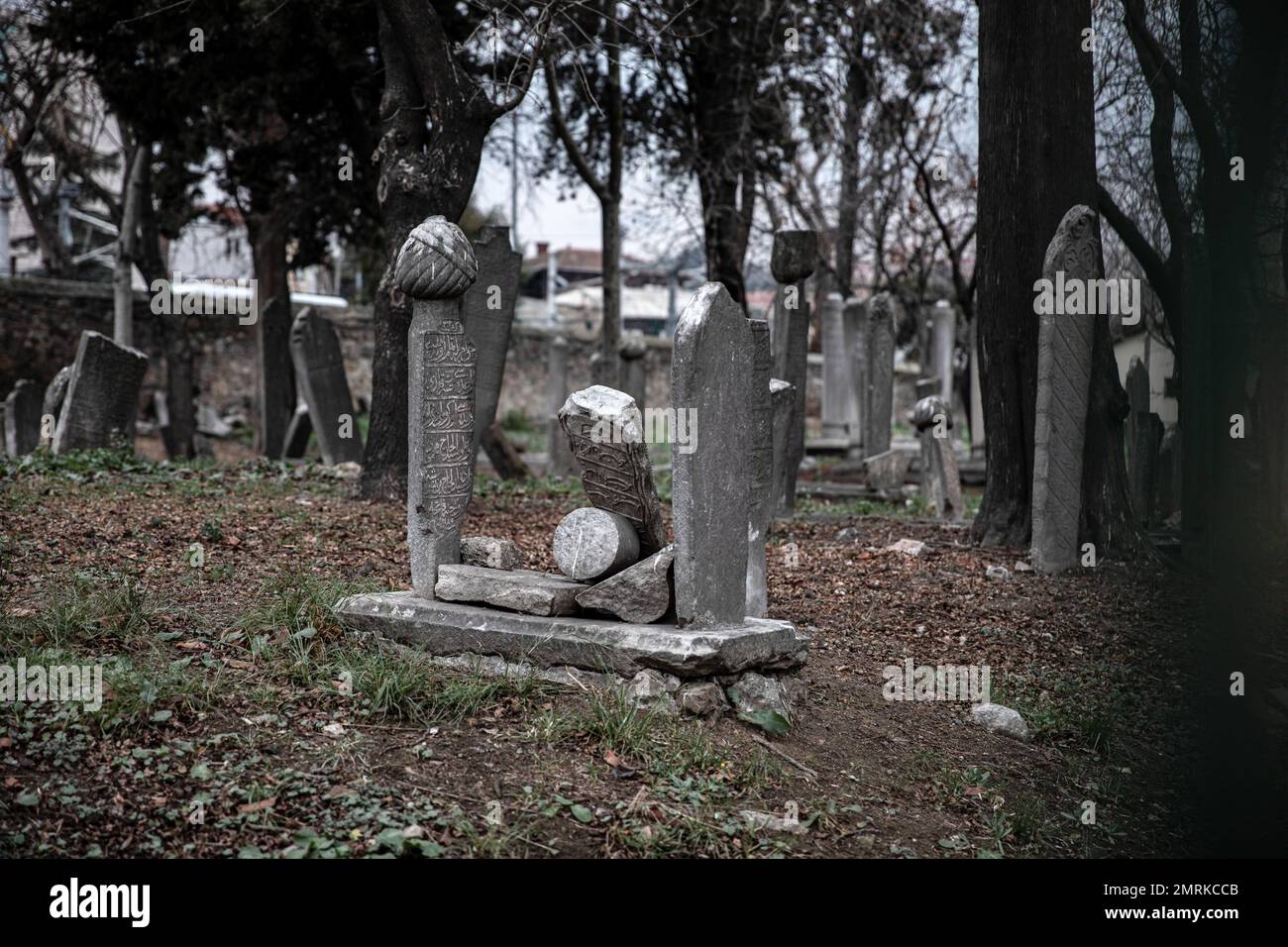 Broken headstones were left on the grave. It is seen that the 400-year-old historical cemetery in Kadikoy is neglected. The Ayrilik Cesme Cemetery, which is the last part of the Karacaahmet Cemetery in Istanbul Uskudar and contains the graves of the names who served in the Ottoman Palace, has turned into ruins. It is known that the burial process in the cemetery, where the first burials were made 400 years ago, continued until the beginning of the 20th century. The cemetery, where most of the tombstones were destroyed, some of the heads fell off, and in some places the stones were planted coll Stock Photo