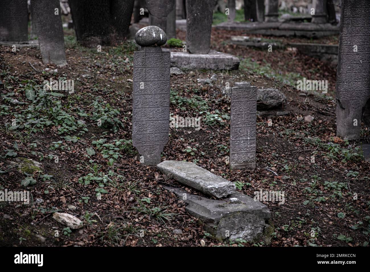 Broken tombstone was left on the grave. It is seen that the 400-year-old historical cemetery in Kadikoy is neglected. The Ayrilik Cesme Cemetery, which is the last part of the Karacaahmet Cemetery in Istanbul Uskudar and contains the graves of the names who served in the Ottoman Palace, has turned into ruins. It is known that the burial process in the cemetery, where the first burials were made 400 years ago, continued until the beginning of the 20th century. The cemetery, where most of the tombstones were destroyed, some of the heads fell off, and in some places the stones were planted collec Stock Photo