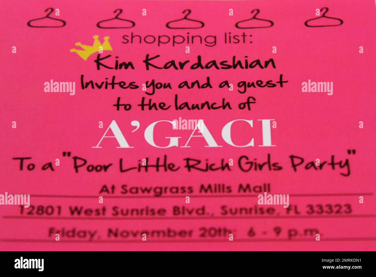 - Kim Kardashian hosts the store opening party at A'Gaci in Sawgrass Mills Mall. Sunrise, FL. 11/20/09. Stock Photo