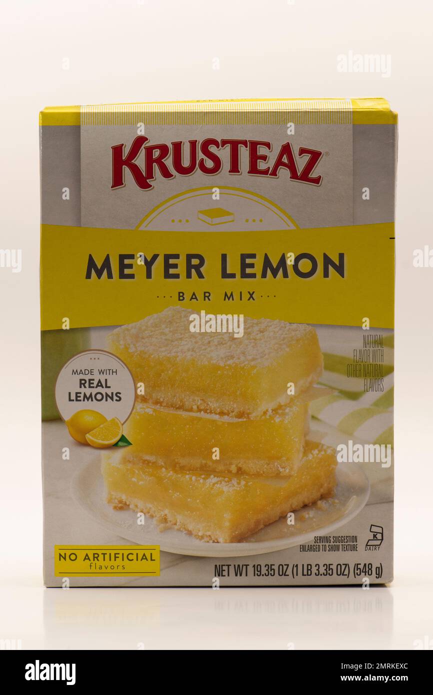 Krusteaz Meyer Lemon bar mix with real lemons on white background Stock
