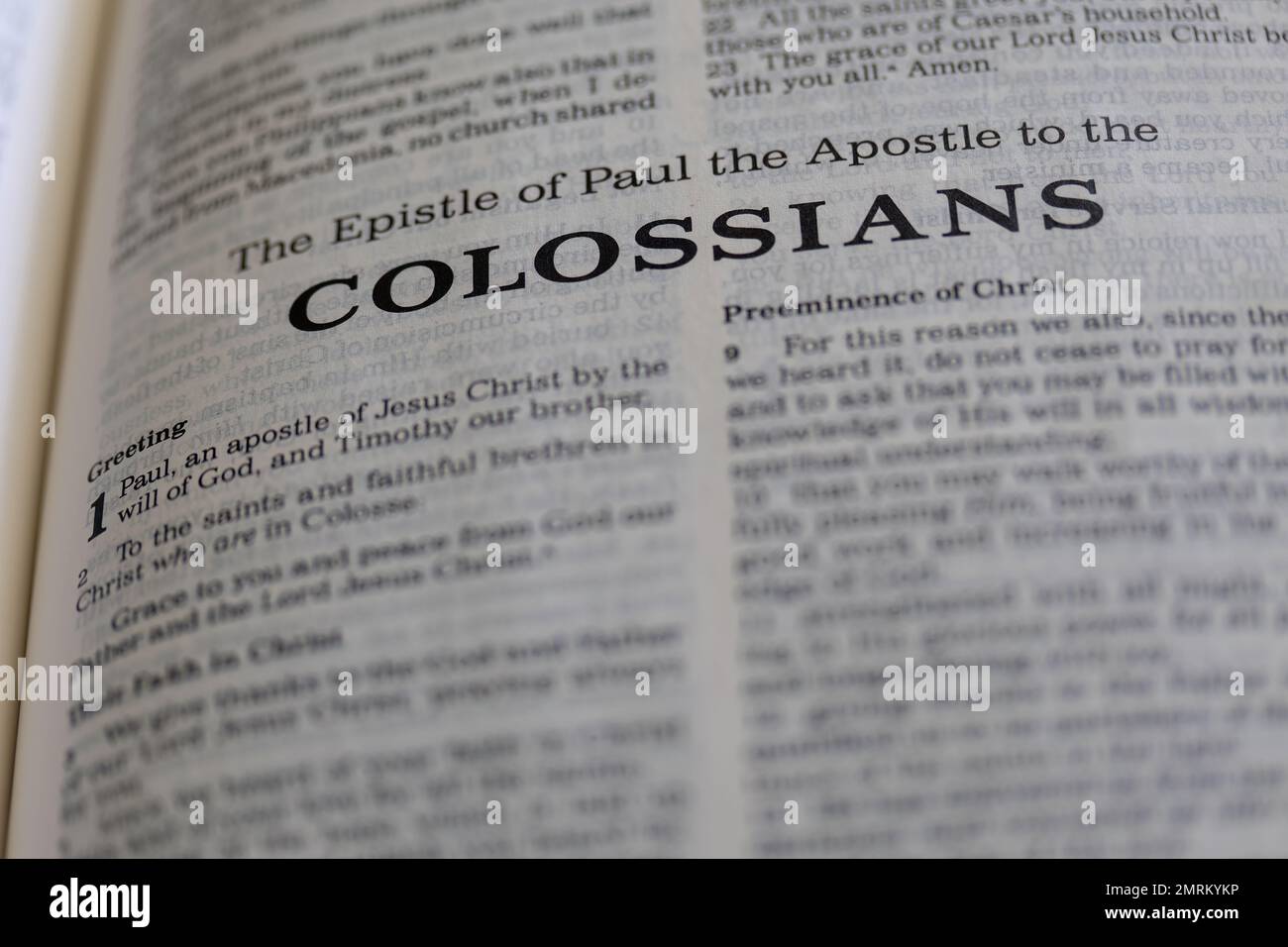 A closeup of 'The Epistle of Paul the Apostle to the Colossians' in Holy Bible Stock Photo