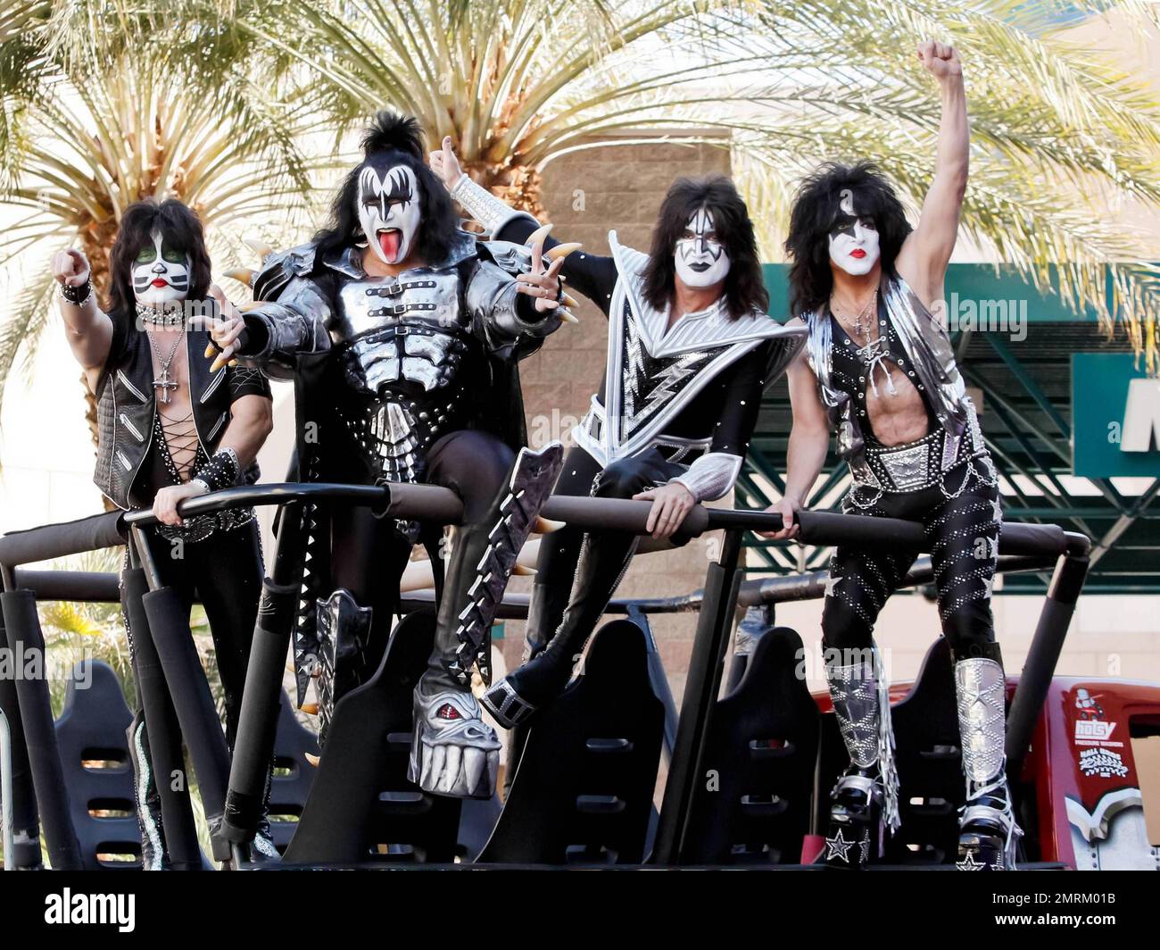 Eric Singer, Gene Simmons, Tommy Thayer and Paul Stanley of the metal band 'Kiss' arrives at the Academy of Country Music Awards held at the MGM Resort & Casino. Las Vegas, NV. 1st April 2012. Stock Photo