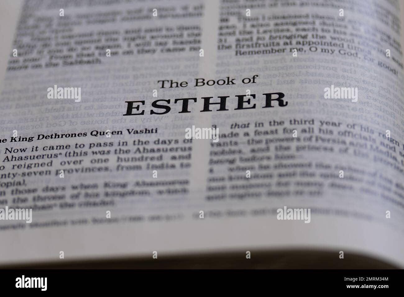 A closeup of 'The Book of Esther' in Holy Bible Stock Photo