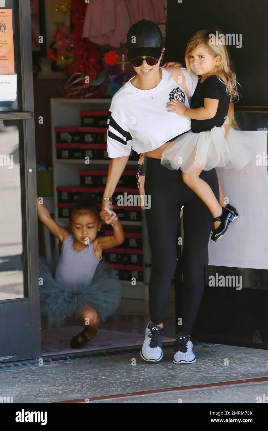 Kourtney Kardashian takes Penelope and North to Ballet class.  North trips and falls on the way out of class. Los Angeles, CA. 21st October 2015. Stock Photo