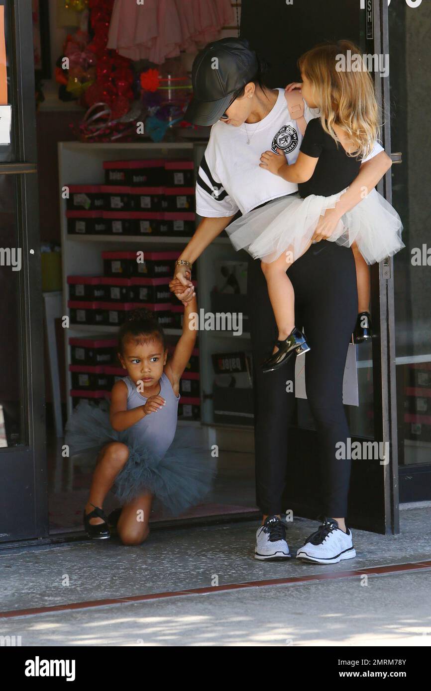 Kourtney Kardashian takes Penelope and North to Ballet class.  North trips and falls on the way out of class. Los Angeles, CA. 21st October 2015. Stock Photo